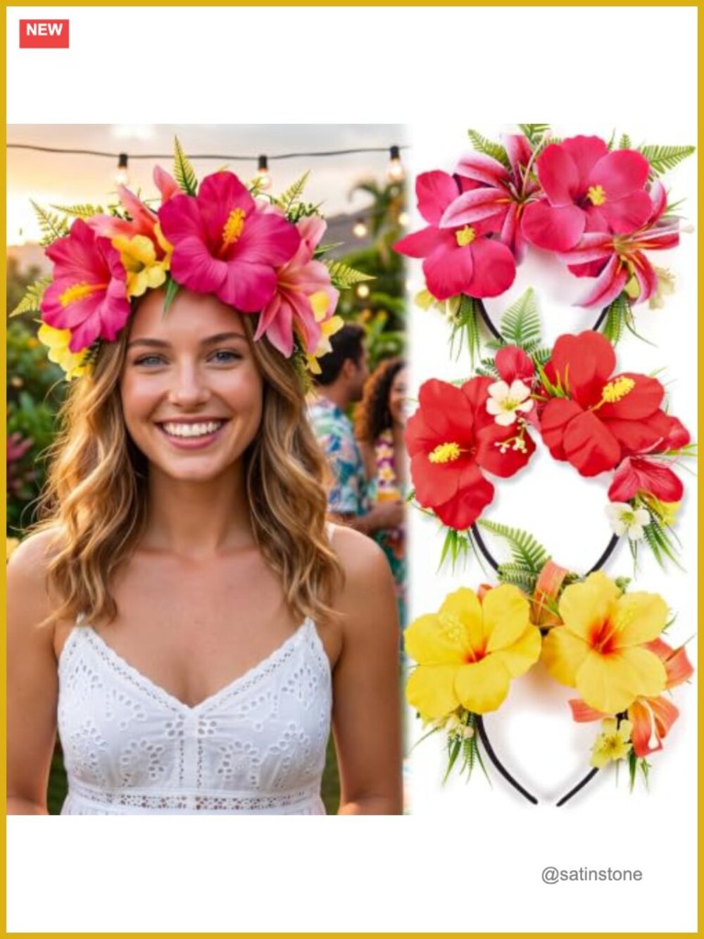 3pc Hawaiian Flower Crown Headband Set Elastic Headbands Luau Party